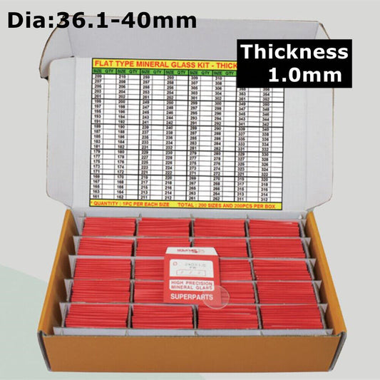 Flat 1.0mm thick mineral crystal watch glass, 36.1-40mm round, 200pcs for replacement accessories.