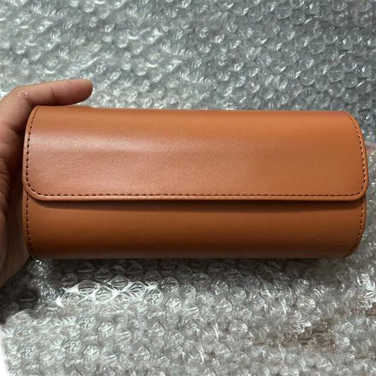 Brown leather travel watch case with 3 slots, portable organizer for watch storage.