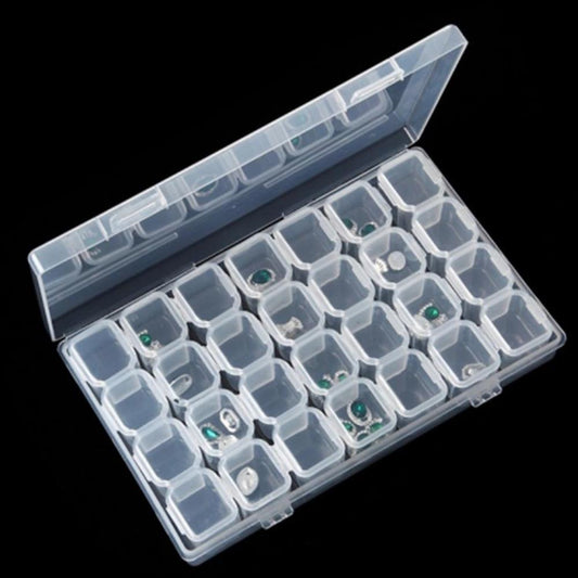 Clear 28-grid 11x17cm mini toolbox, perfect for organizing small watch accessory parts.