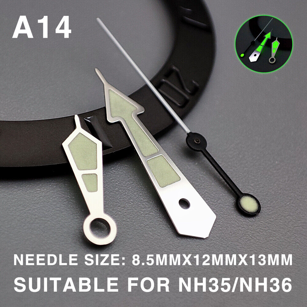 Green lume pointed watch hands with 13mm silver trim, compatible with Miyota NH35/NH36/NH38 movements, enhancing watch visibility.