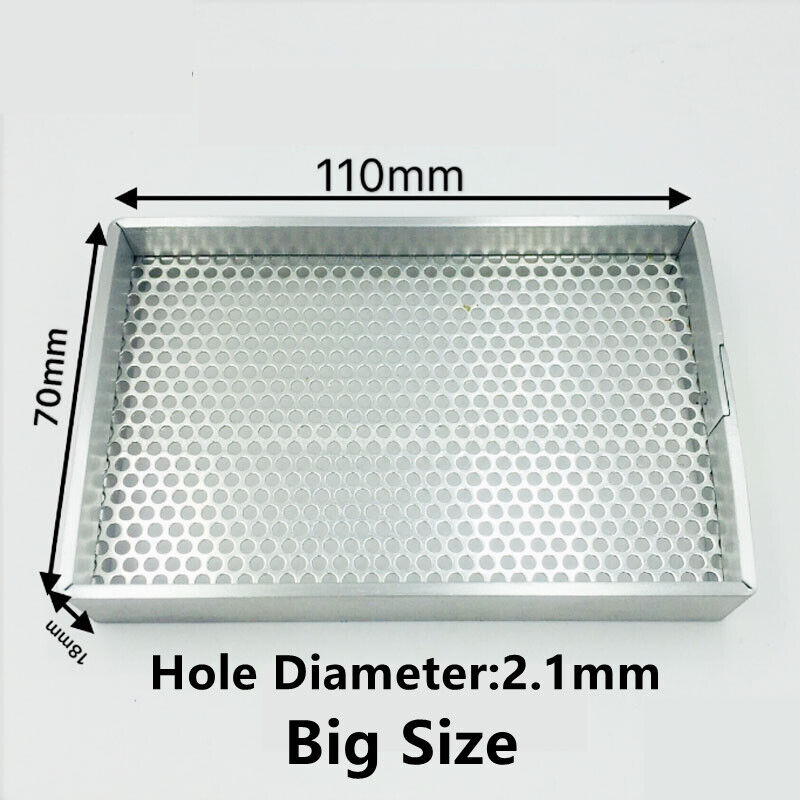 An aluminum cleaning tray organizer with a steel mesh middle, measuring 110mm by 70mm, with multiple holes for drainage, displayed on a white background.