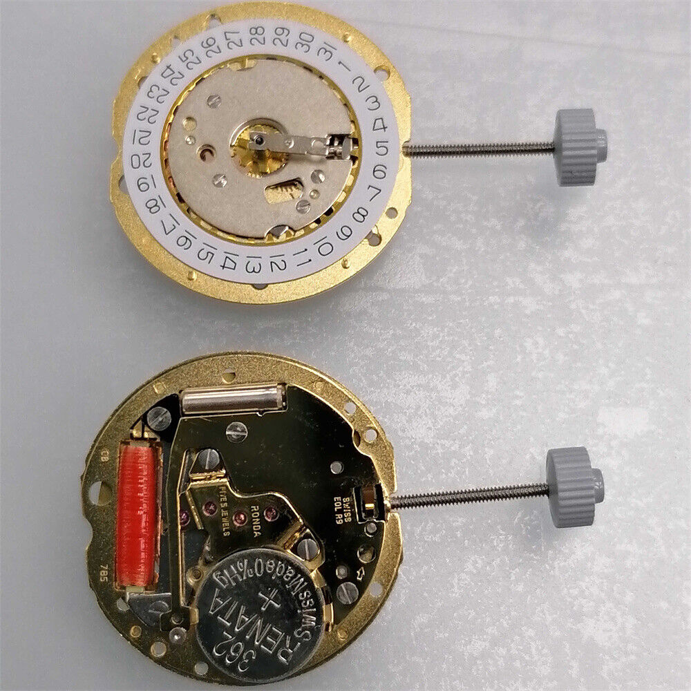 Ronda 785 Swiss Made quartz watch movement with date display at 3 o'clock for precise timekeeping