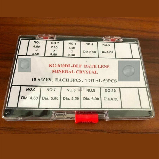 Round rectangular mineral bubble lens with date window magnifier for watch crystal, precise and durable design.