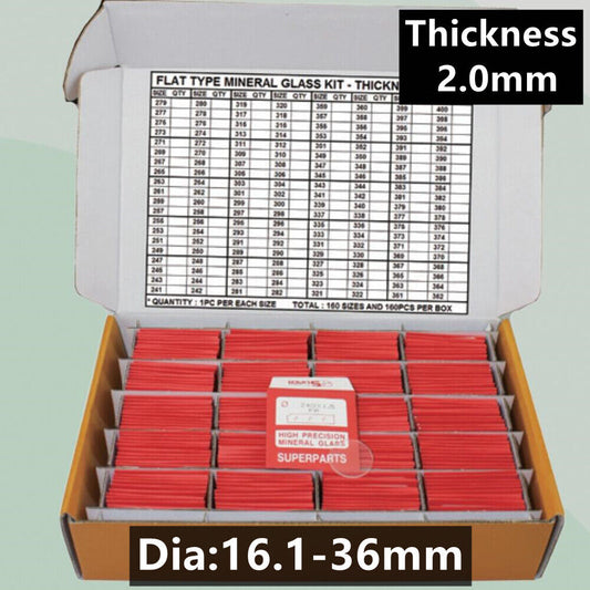 Set of 200 flat 2.0mm thick round watch glass crystals, 16.1-36mm, durable mineral glass for watch repair.