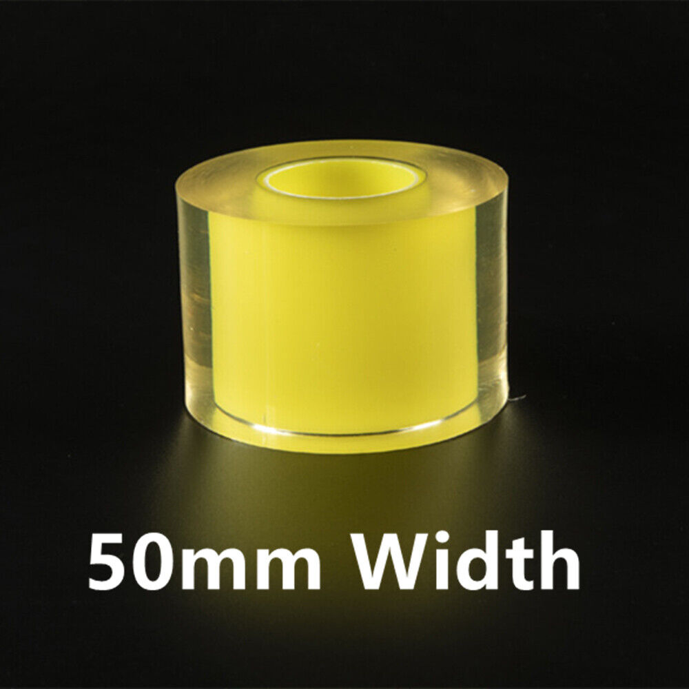 Transparent 50mm protective film for silver watch bands, preserving shine and preventing scratches.