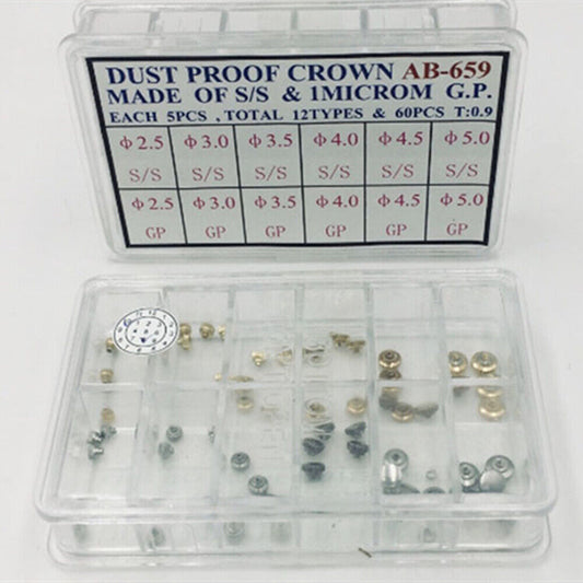 Dust-proof AB-659 steel watch crown kit with 1 MICROM gold plating for precise watchmaker repairs.