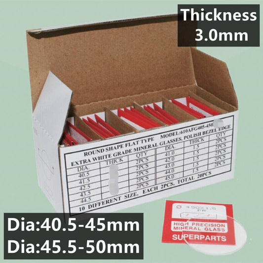 Set of 20 flat 3mm thick mineral crystal watch glasses, 40.5-50mm, for precise replacement.