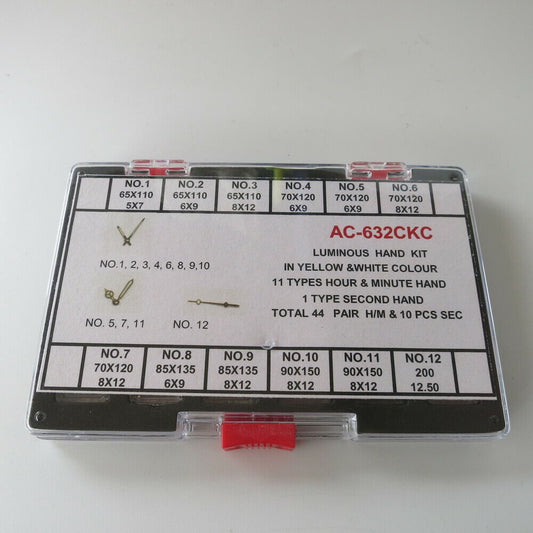 44pcs luminous watch hand kit with yellow and white hour, minute, second hands for repairs and customization.