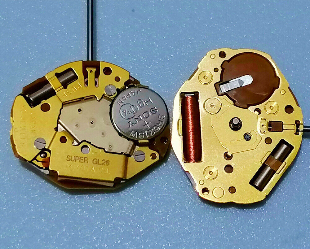 Miyota GL26 Japan quartz watch movement with 2 golden hands, precision craftsmanship by Miyota.