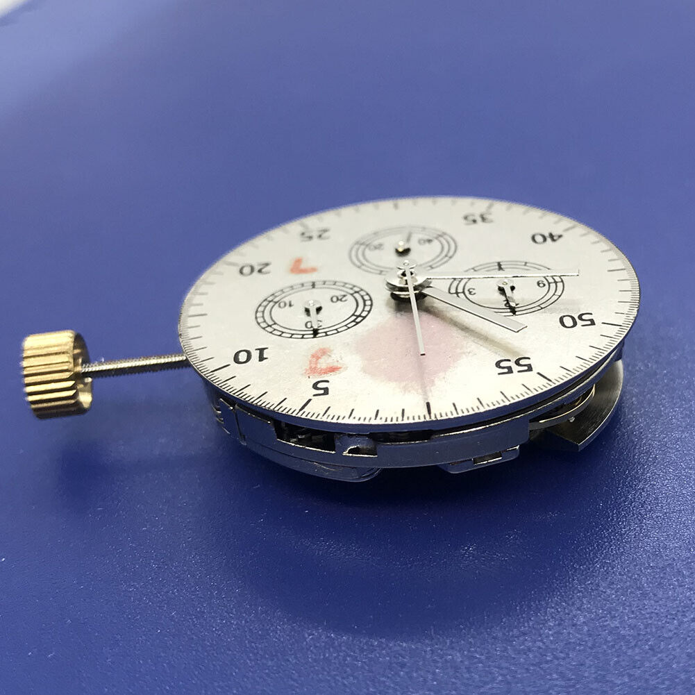 Close-up of Asian 7750 automatic chronograph movement with ETA 7753 layout and subdials at 3, 6, and 9 o?clock.
