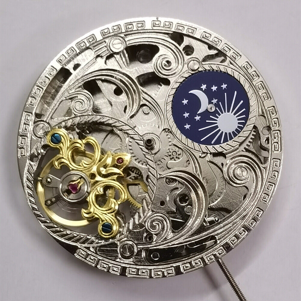 Automatic Mechanical Movement Silver 3 Hands Hollow Free Wheel Moon Phase@12
