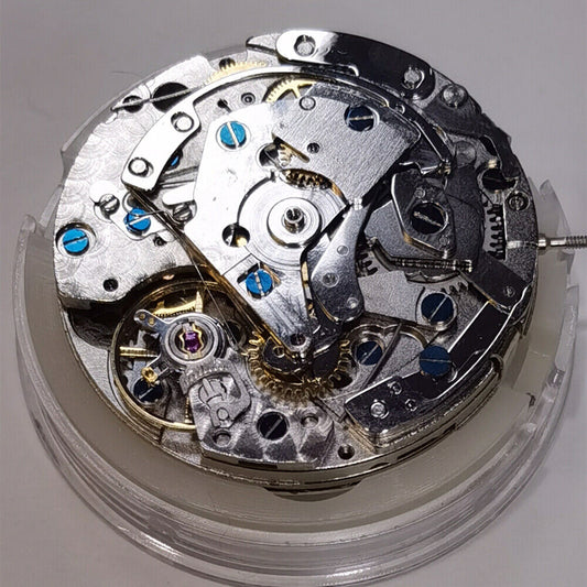 China Made 7750 chronograph watch movement with 3 hands, small seconds at 3, 6, 9, date at 12, precise timing.