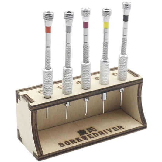 1. Five-piece steel watch repair screwdriver set with sturdy stand base.