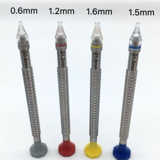 Set of 4 watch hand fitting tools 0.6-1.5mm with base for precise watch repair.
