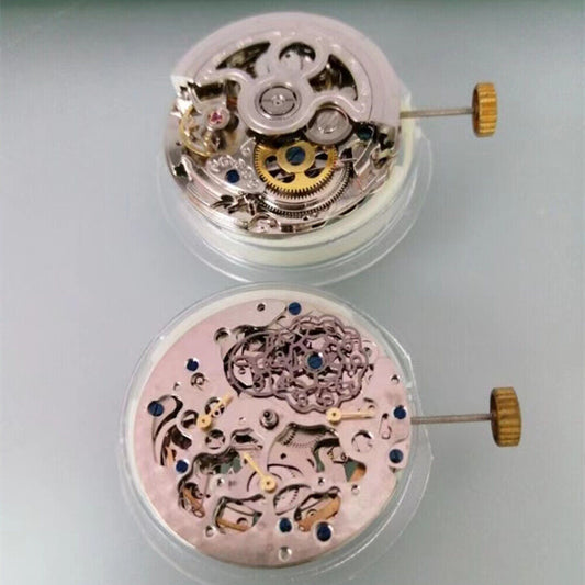 Silver Hangzhou 2189 automatic mechanical watch showing detailed movement, China-made craftsmanship.