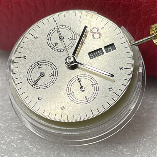 China Made 7750 chronograph watch movement with black dial, day-date display, and small seconds at 9 o?clock.