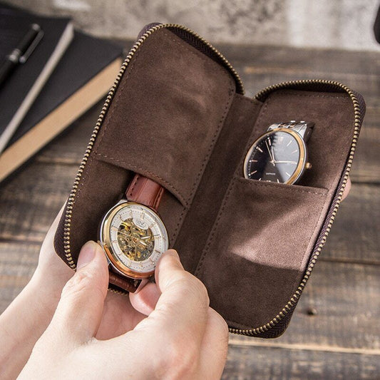 Brown leather 2-slot watch box, luxury pouch with zipper, portable watch organizer for travel.