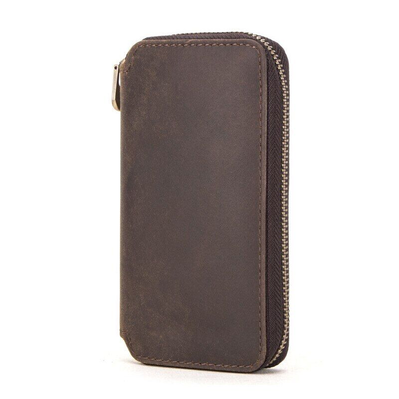 Brown leather 2-slot watch box, portable travel organizer with zipper pouch for watch protection.