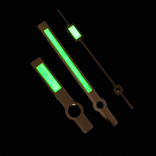 Golden trim green luminous watch hands for NH35A/NH36A movement, perfect for precise timekeeping.