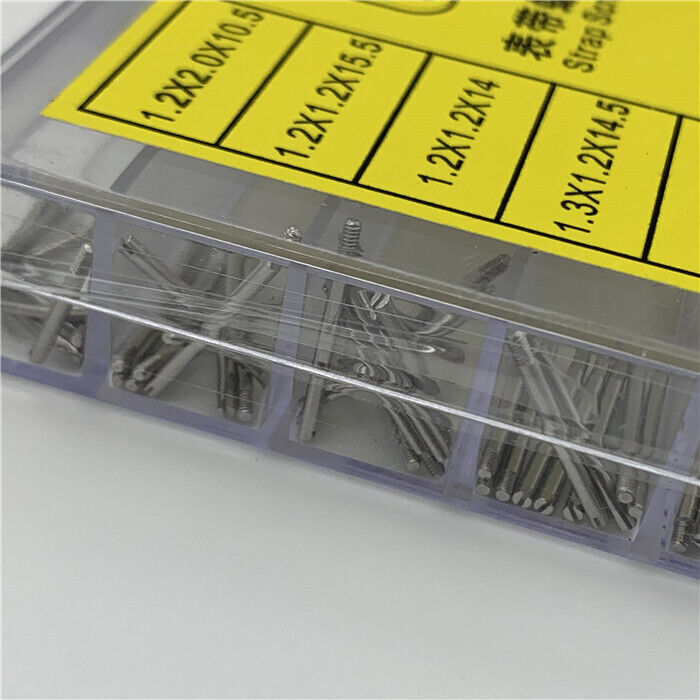 Set of 100 stainless steel watch strap screws by 304 brand, assorted sizes for precise watch repairs.