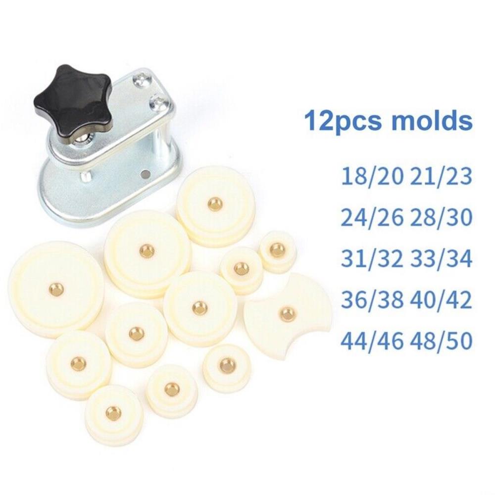 Set of 13 watch case press dies, for crystal, front, back cover, and screw repairs.