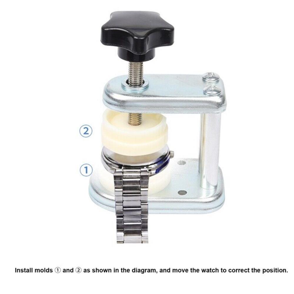 Set of 13 watch case press dies, for precise crystal, front, back cover, and screw repairs.