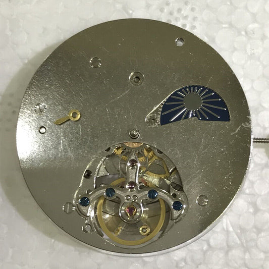 Asian multi-function tourbillon watch with mechanical movement, moon phase, and 24-hour subdial.