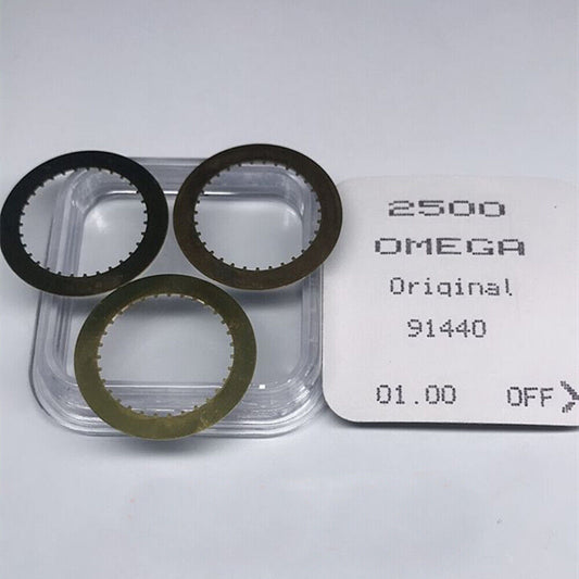 Black original Omega 2500 disk date wheel showing date at 3 o'clock position for precise timekeeping.