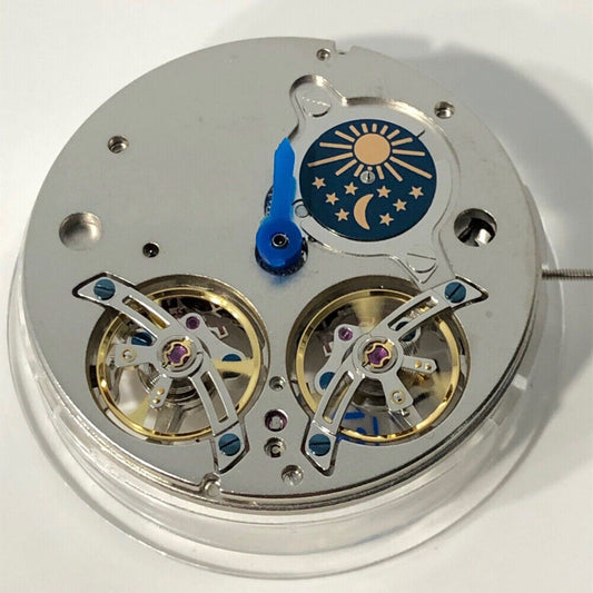 Asian multi-function mechanical watch with double balance wheel and moon phase display.