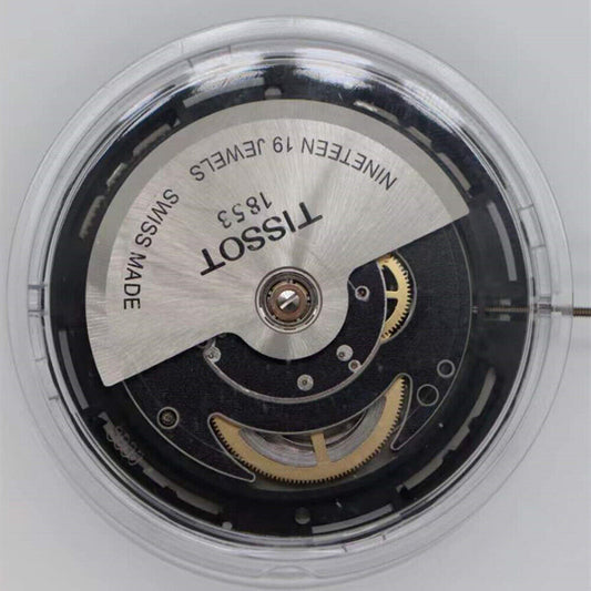 Swiss Made ETA C15.111 chronograph movement with black dial, precise mechanical watch component by 1853.