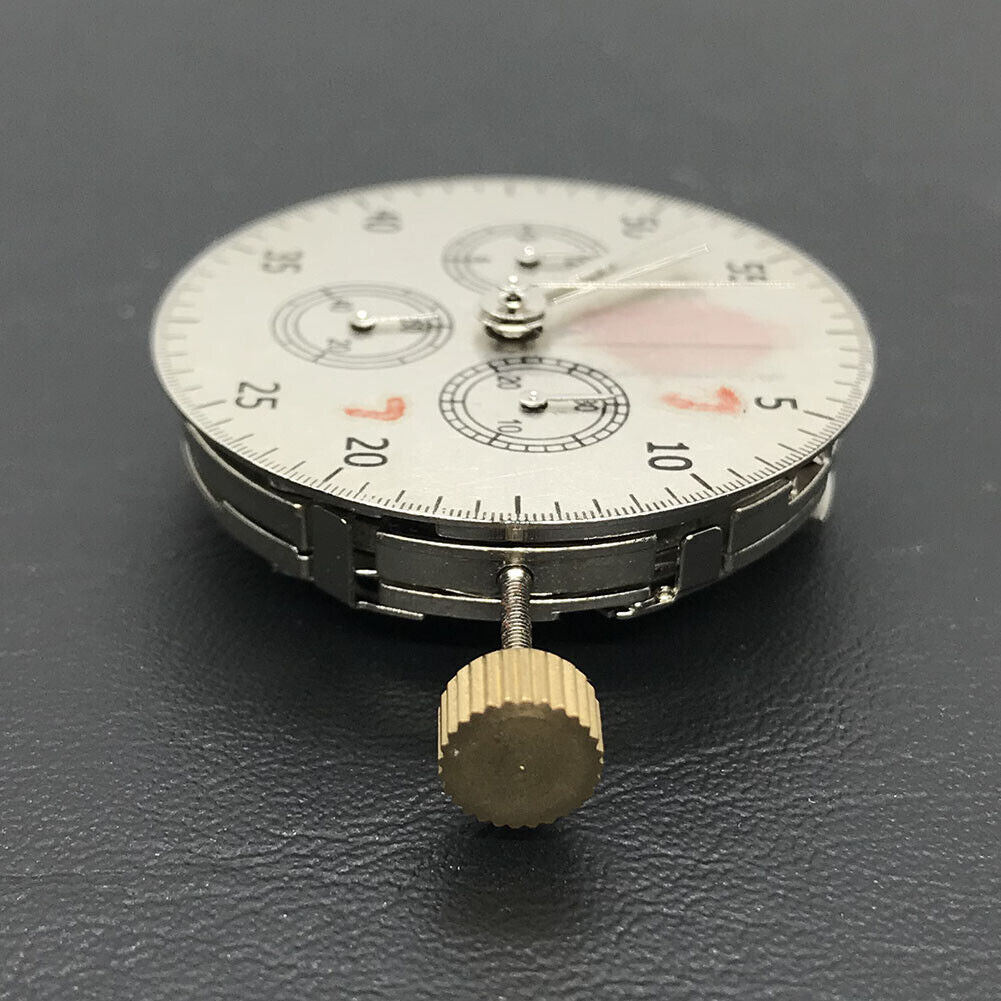 Close-up of Asian 7750 automatic chronograph movement featuring ETA 7753 layout with subdials at 3, 6, and 9 o'clock.