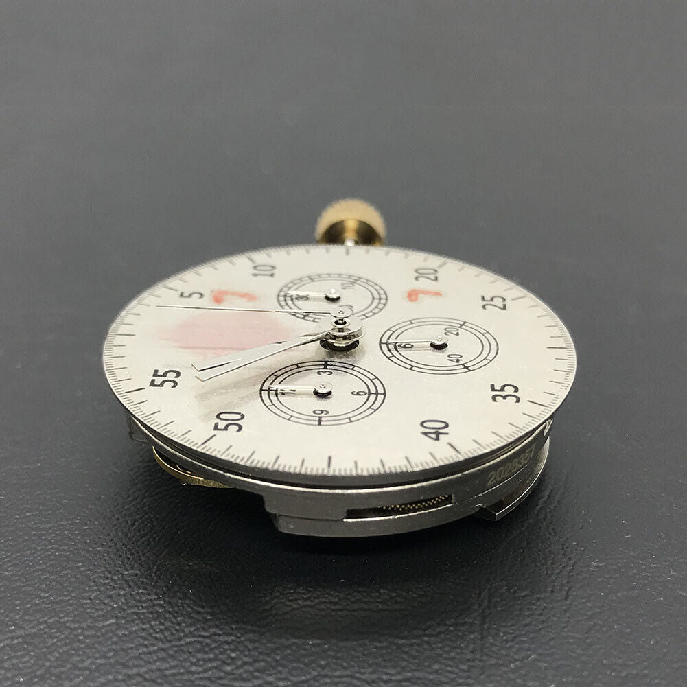 Close-up of Asian 7750 automatic chronograph movement with ETA 7753 layout featuring subdials at 3, 6, and 9 o'clock positions.