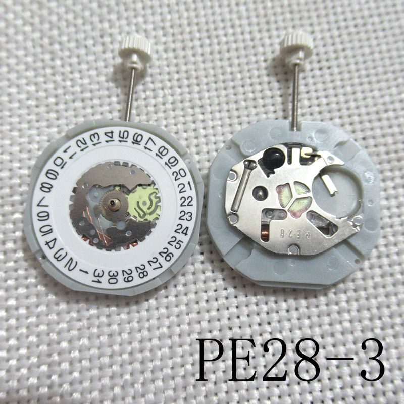 Sunon PE28 quartz watch movement with 3 hands and date window at 3 o'clock for accurate timekeeping.