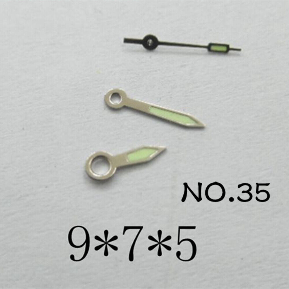 Luminous Miyota 2035 watch hands set, 9mm/7mm/5mm lengths, ideal for precise timepiece repair.
