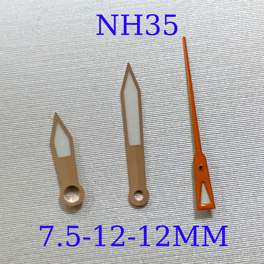 Green luminous watch hands set for NH35A/NH36A/4R36 movement, sizes 7.5/12/12mm, B12 brand.