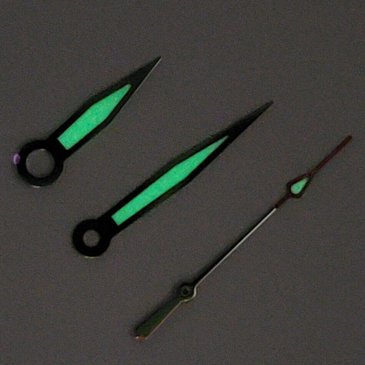 Green luminous watch hands set compatible with NH35A/NH36A/4R36 movements, sizes 8.5/12/12mm.