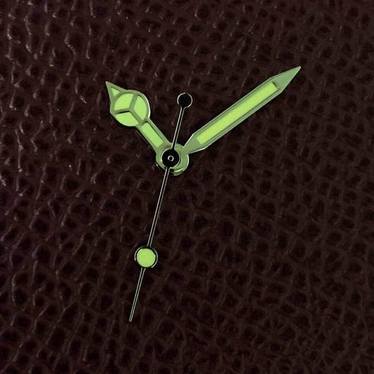 Green luminous orange watch hands set for NH35A/NH36A movement, ideal for precise timekeeping.