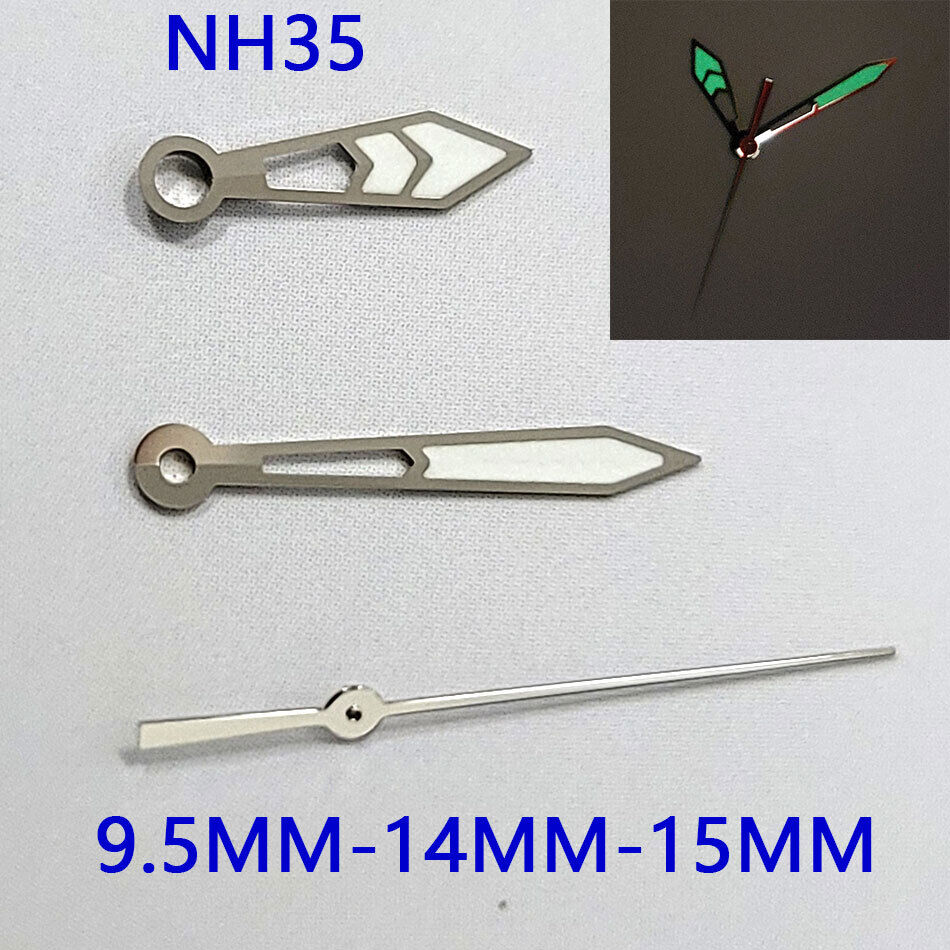 Green luminous watch hands set for NH35A/NH36A/4R36 movement, compatible with 9.5/14/15mm sizes, B13 brand.