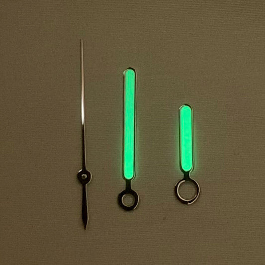 Green luminous silver trim watch hands set for NH35A/NH36A movement by BB13, ideal for repair and customization.