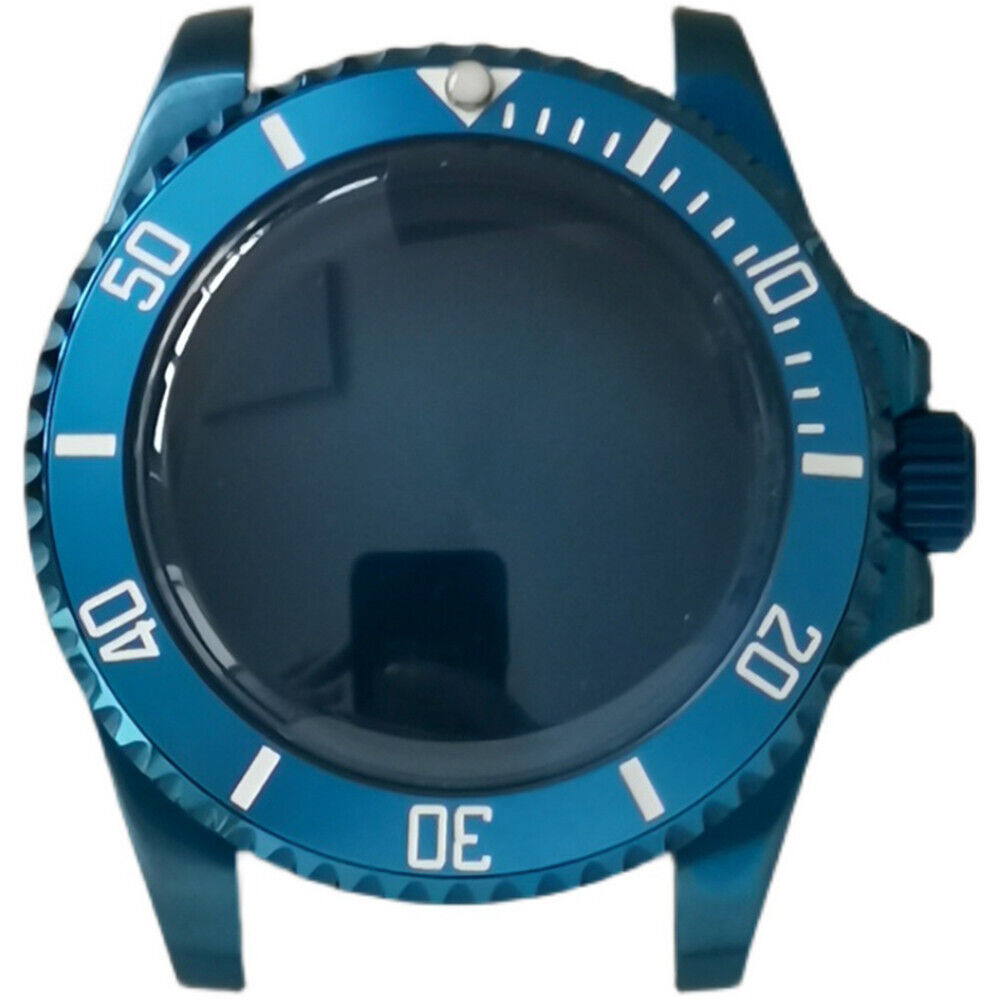 Blue 40MM SUB watch case, stainless steel with synthetic sapphire, compatible with NH35/NH36 movements.