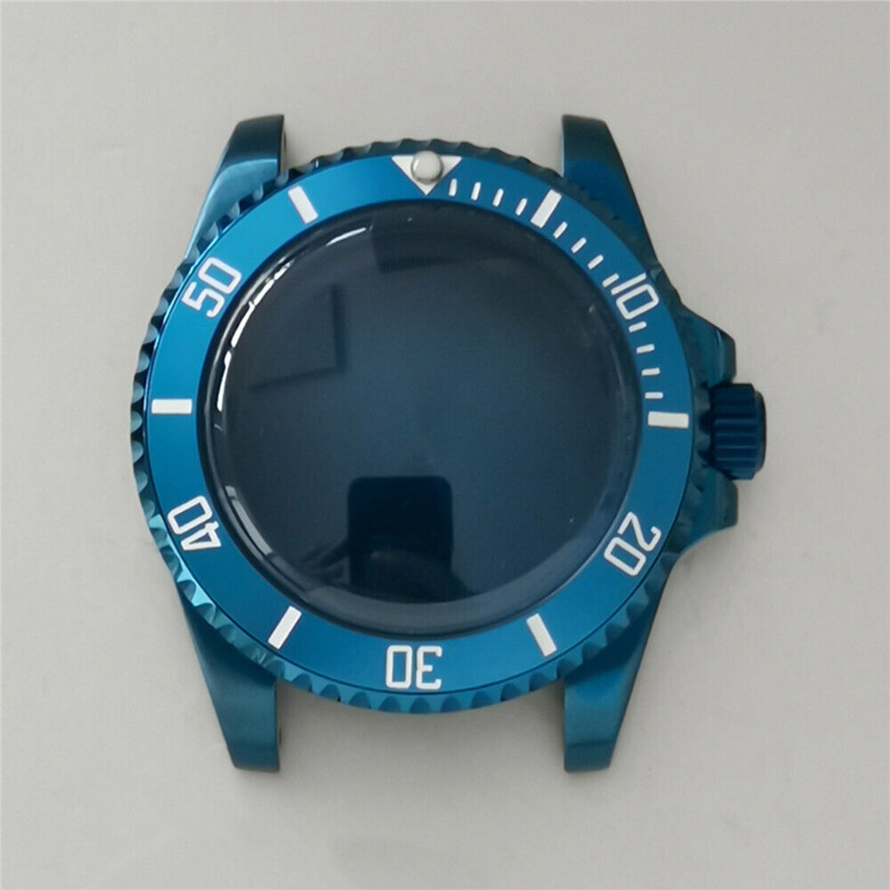 Blue 40MM SUB watch case, stainless steel with synthetic sapphire glass, fits NH35/NH36 movements.