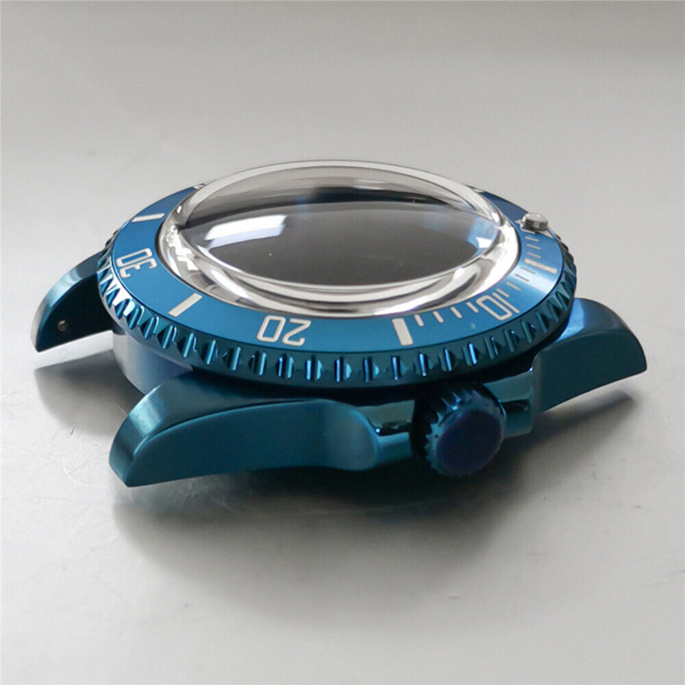 Blue 40MM SUB watch case, stainless steel with sapphire glass, compatible with NH35/NH36 movements.