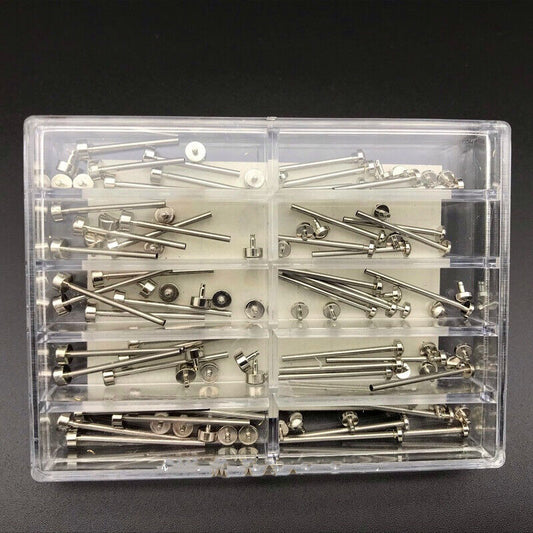 Stainless steel rivet pin assortment for customizing leather strap bracelets with durable hardware.