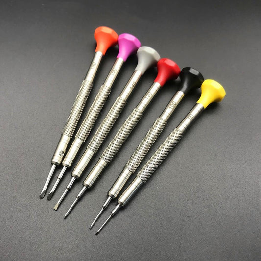 Ergonomic 6-piece 316 stainless steel watchmaker screwdriver set for precise watch repair.