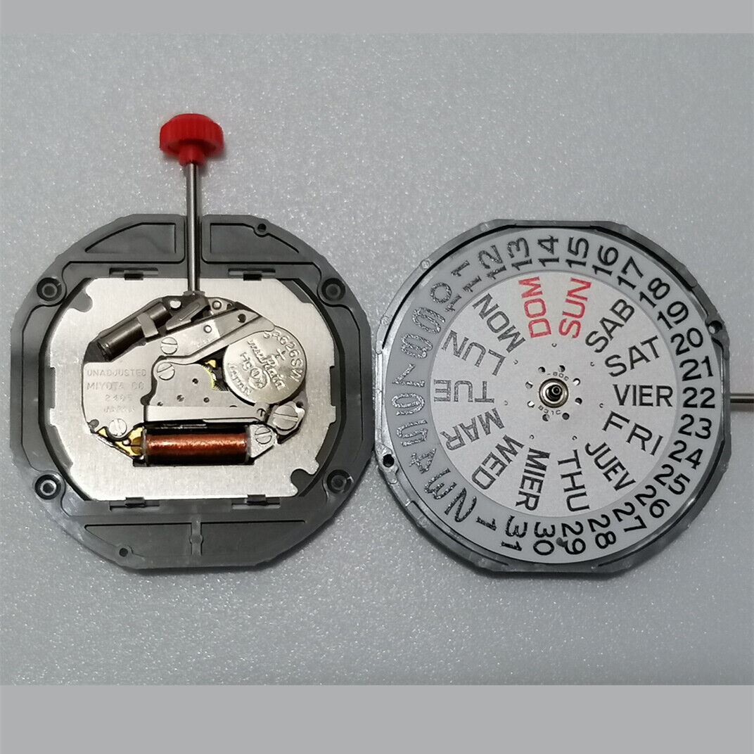 Miyota 2405 quartz watch movement with 3 hands, day-date display, and watch stem for accurate timekeeping.