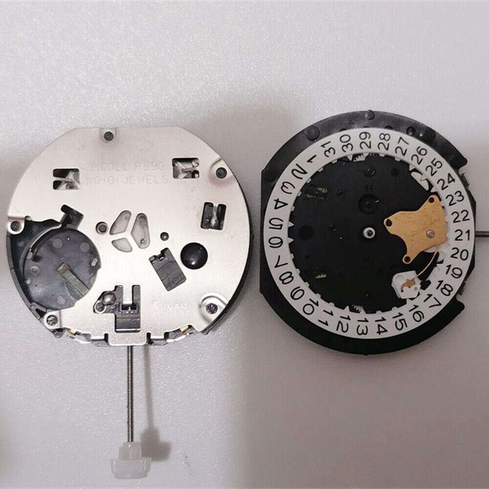 Sunon PE90 quartz watch movement with 3 hands, date at 3, small second at 6 and 12 positions.