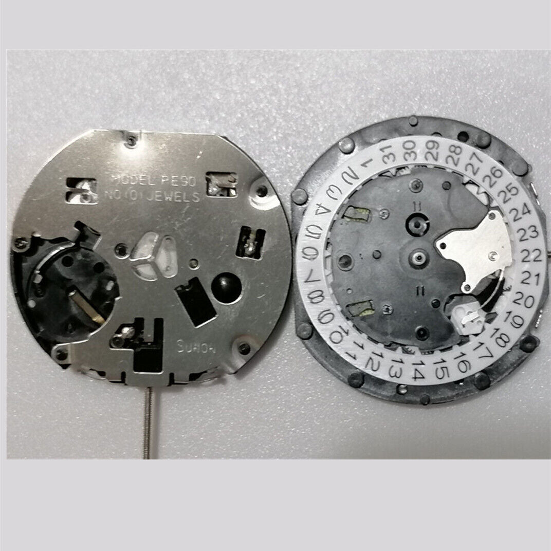 Sunon PE90 quartz watch movement with 3 hands, date at 3, small seconds at 3, 6, and 9 positions