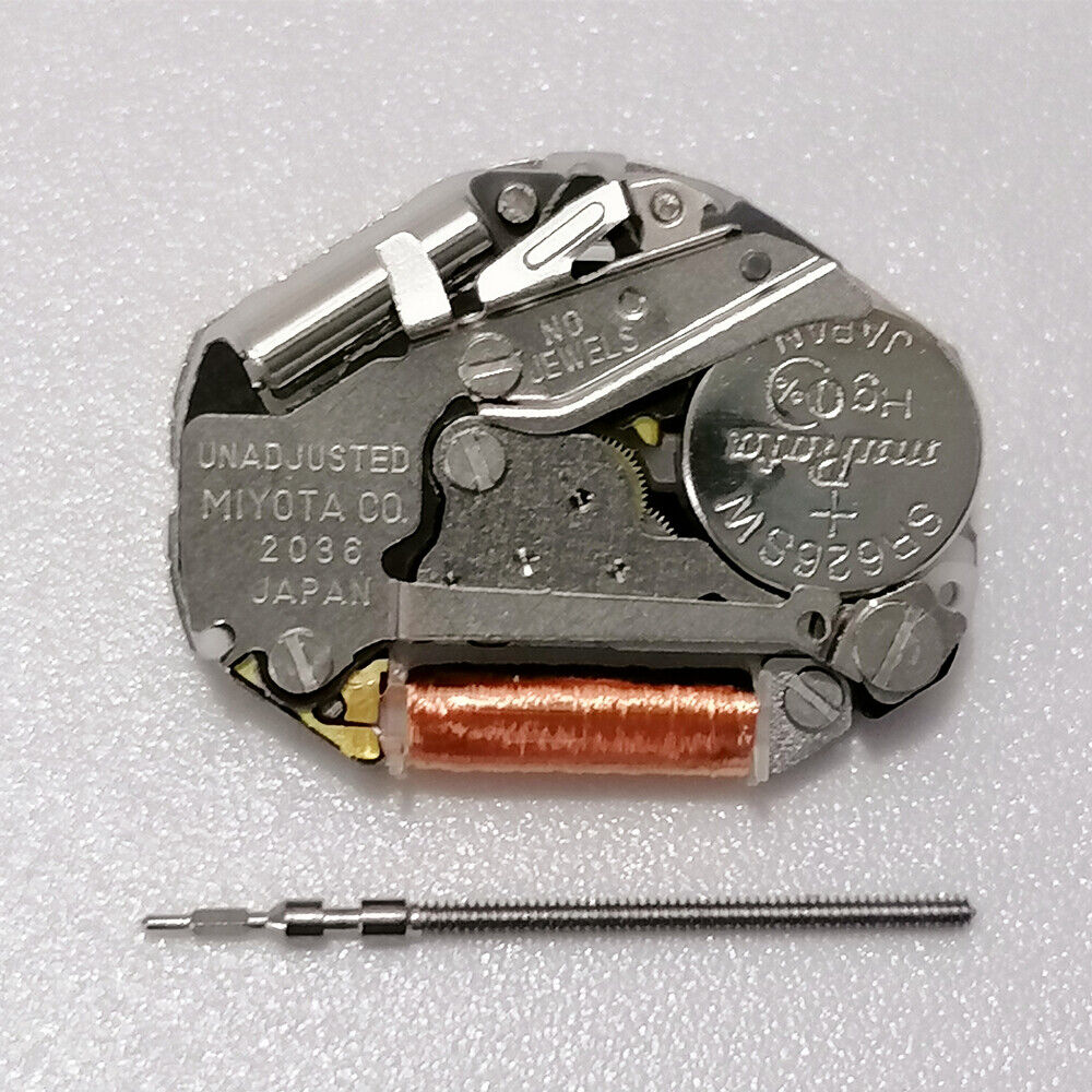 Quartz watch movement Miyota 2036 with 3 hands, high pinion H2, and stem for precise watch repair.