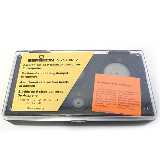 Bergeon 5700-52 watch accessory die set with 9 soft suction heads for precise watch repair