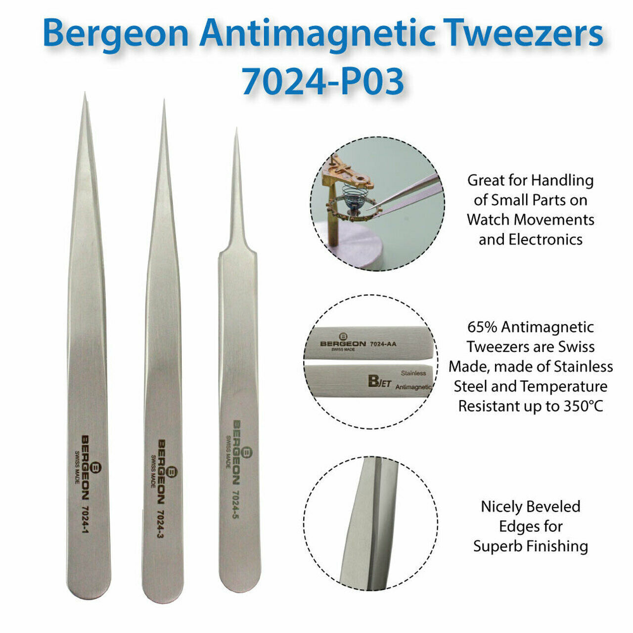 Bergeon 7024 Lot de 3 pinces non magnétiques